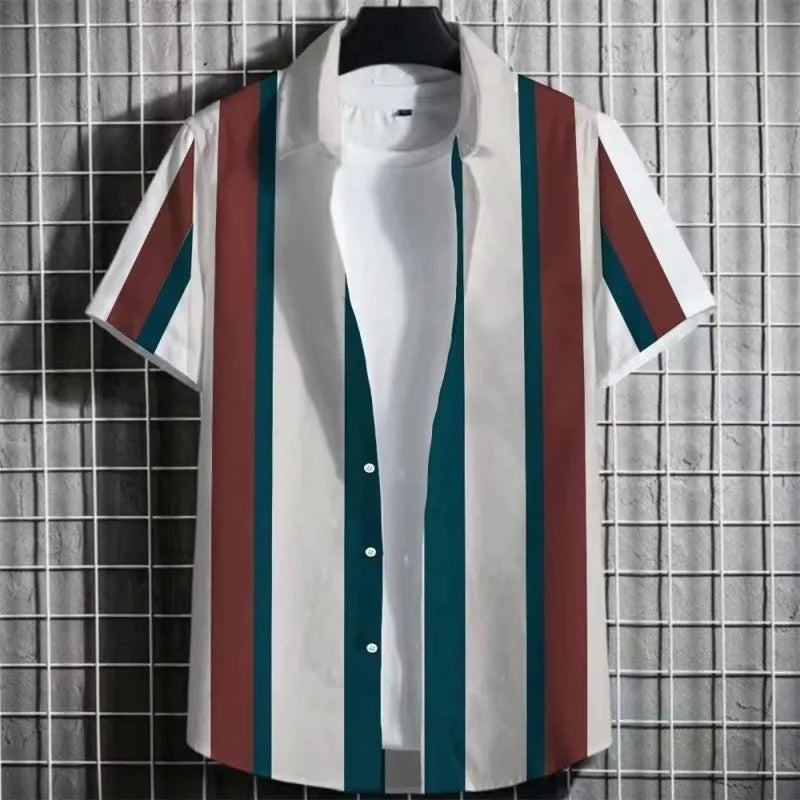 Men's striped short-sleeve linen shirt with 3D printed pattern in solid colour