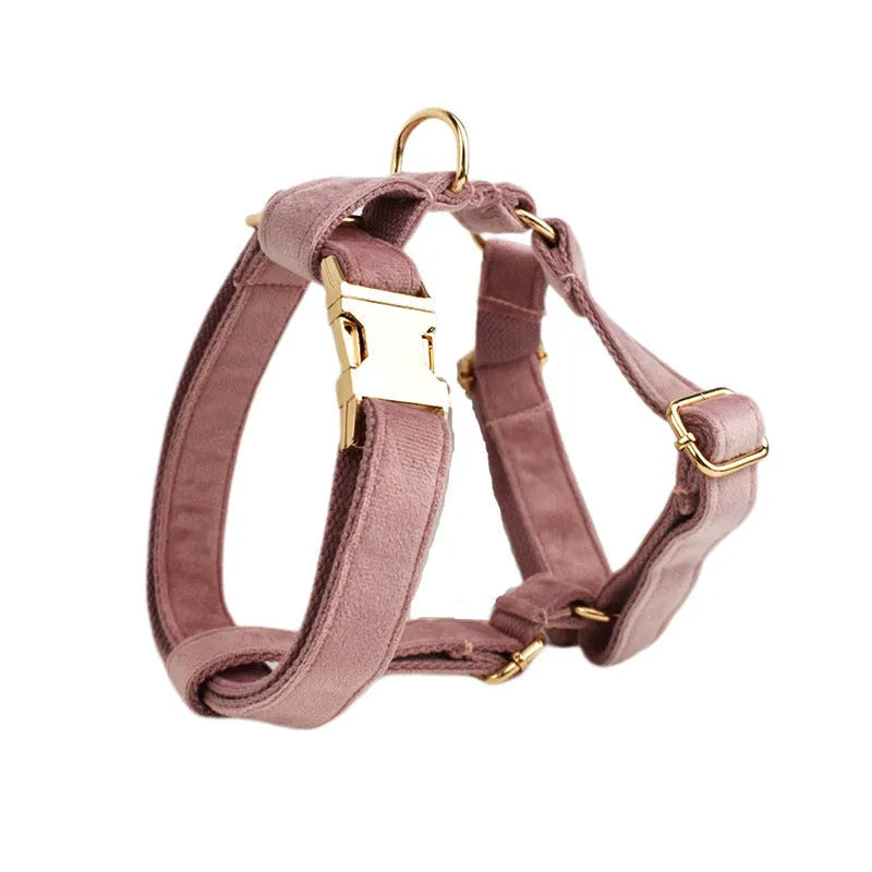 Light purple pink velvet dog collar with matching pet accessories in coordinated set