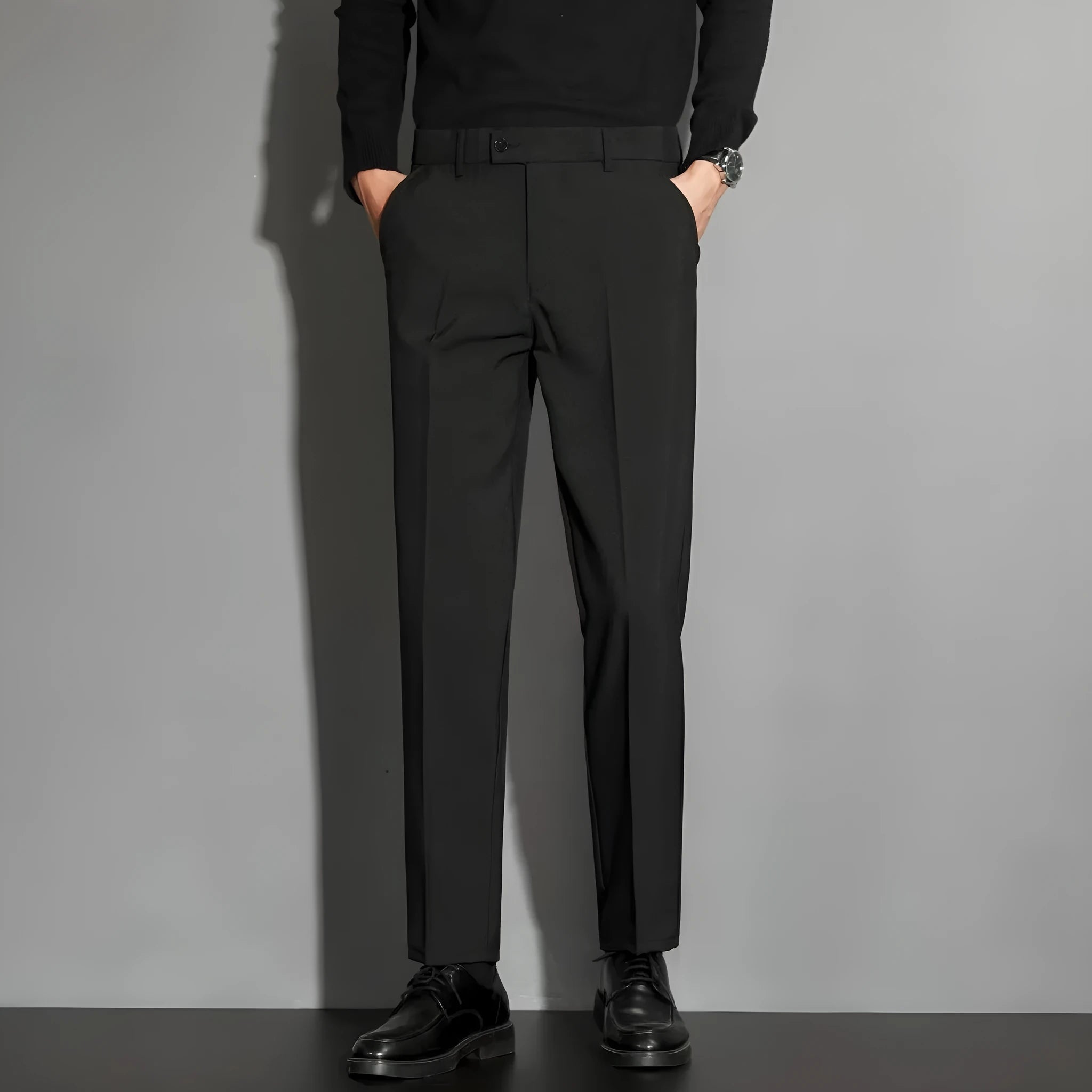 Men's straight cut ankle-length suit trousers with draping effect in multiple colour options