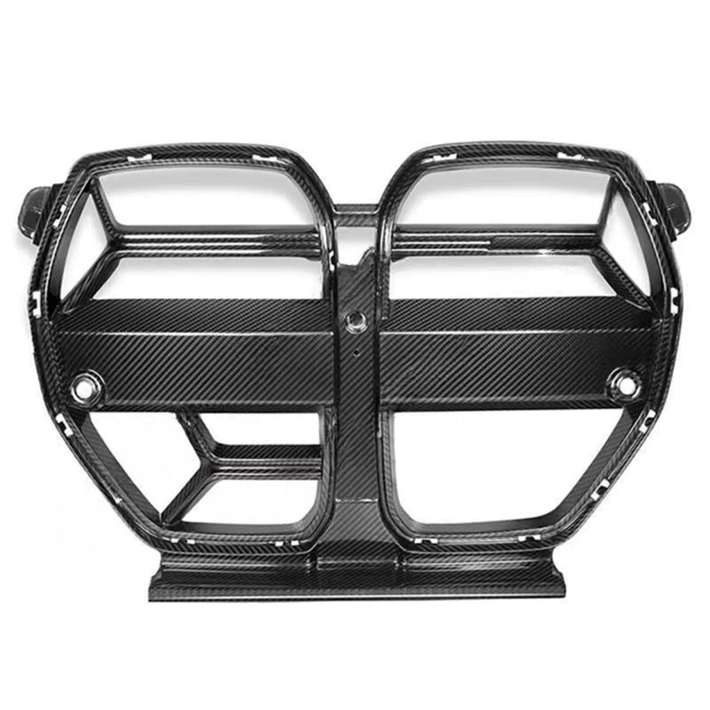 Dry carbon fibre front bumper grille for BMW M3 M4 G80 G82 with 3K weave pattern.