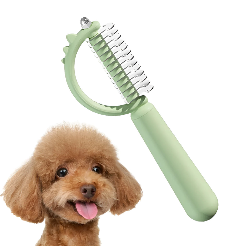 Blue dinosaur-shaped self-cleaning cat brush with double-sided stainless steel pins.