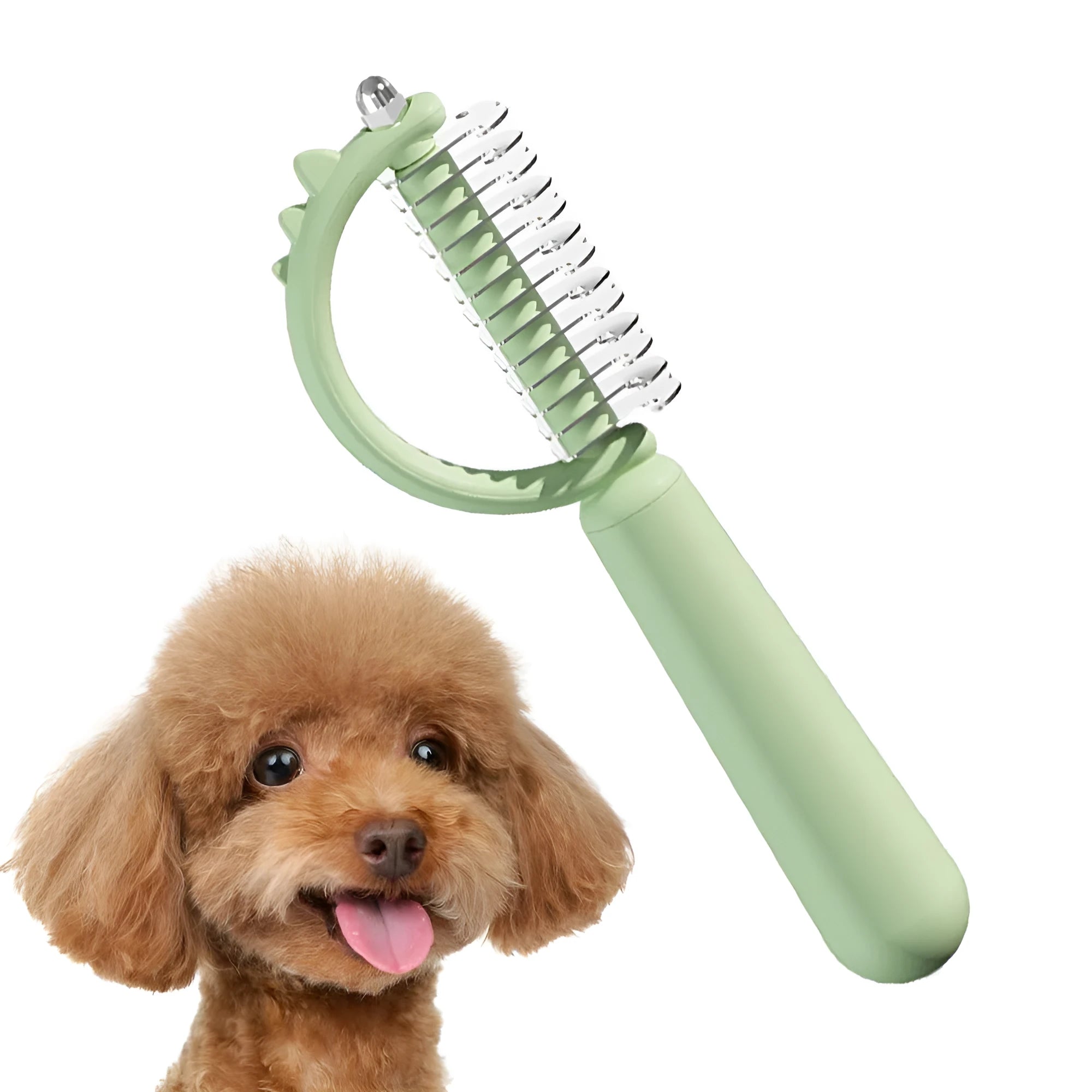 Blue dinosaur-shaped self-cleaning cat brush with double-sided stainless steel pins.