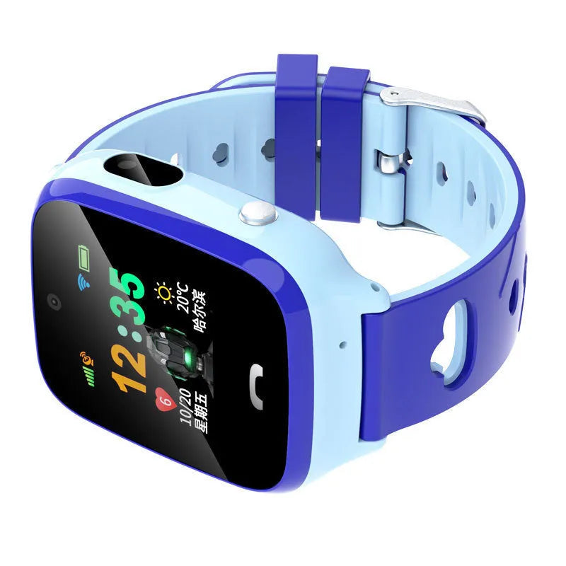 Children's smart phone watch with touch screen showing positioning interface on blue silicone wrist strap