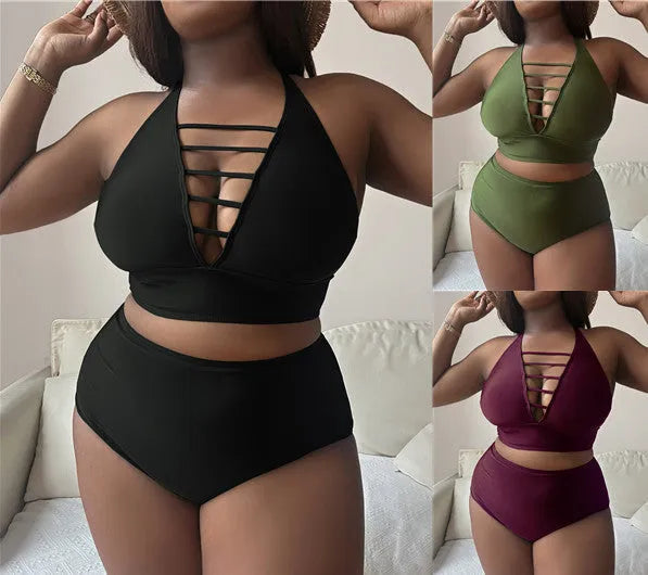 Plus size woman modelling a black halter neck bikini with cross-back straps and high-waisted briefs.