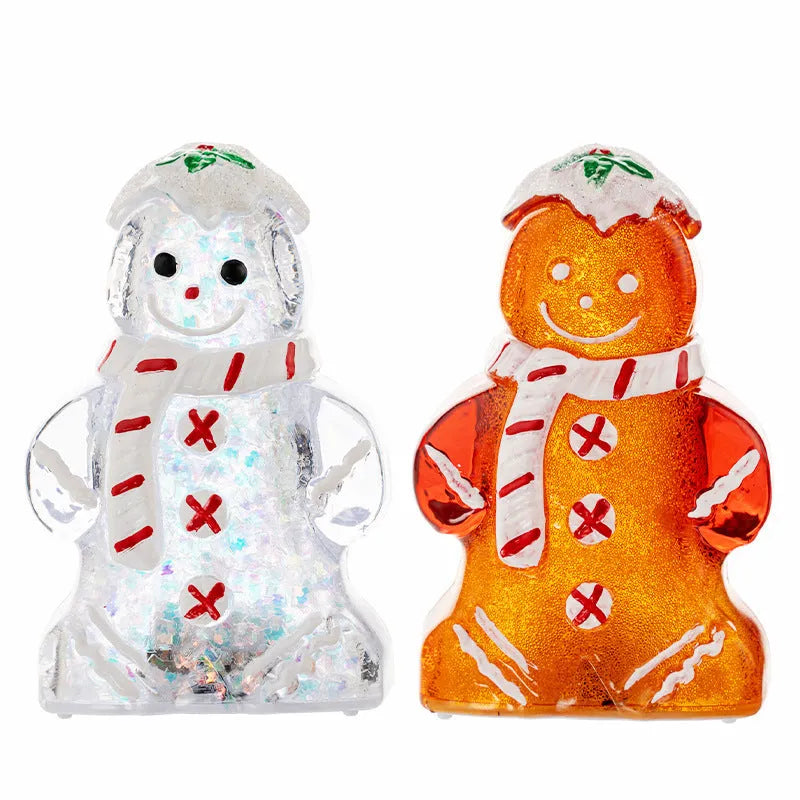 Glowing Christmas gingerbread man snowman ornament in plastic with four colour variations including clear, white and red scarf options