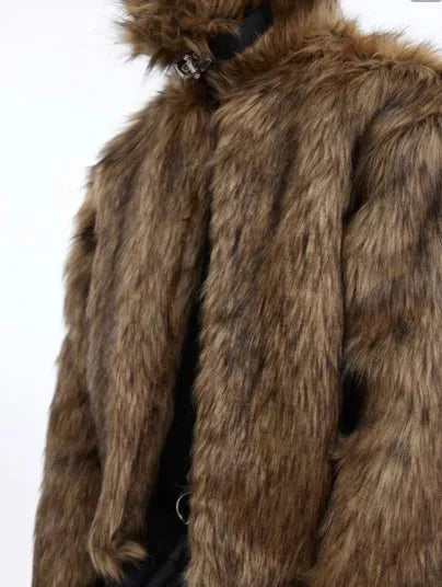 Men's brown short faux fur coat with long length and raccoon fur colour artificial fur collar