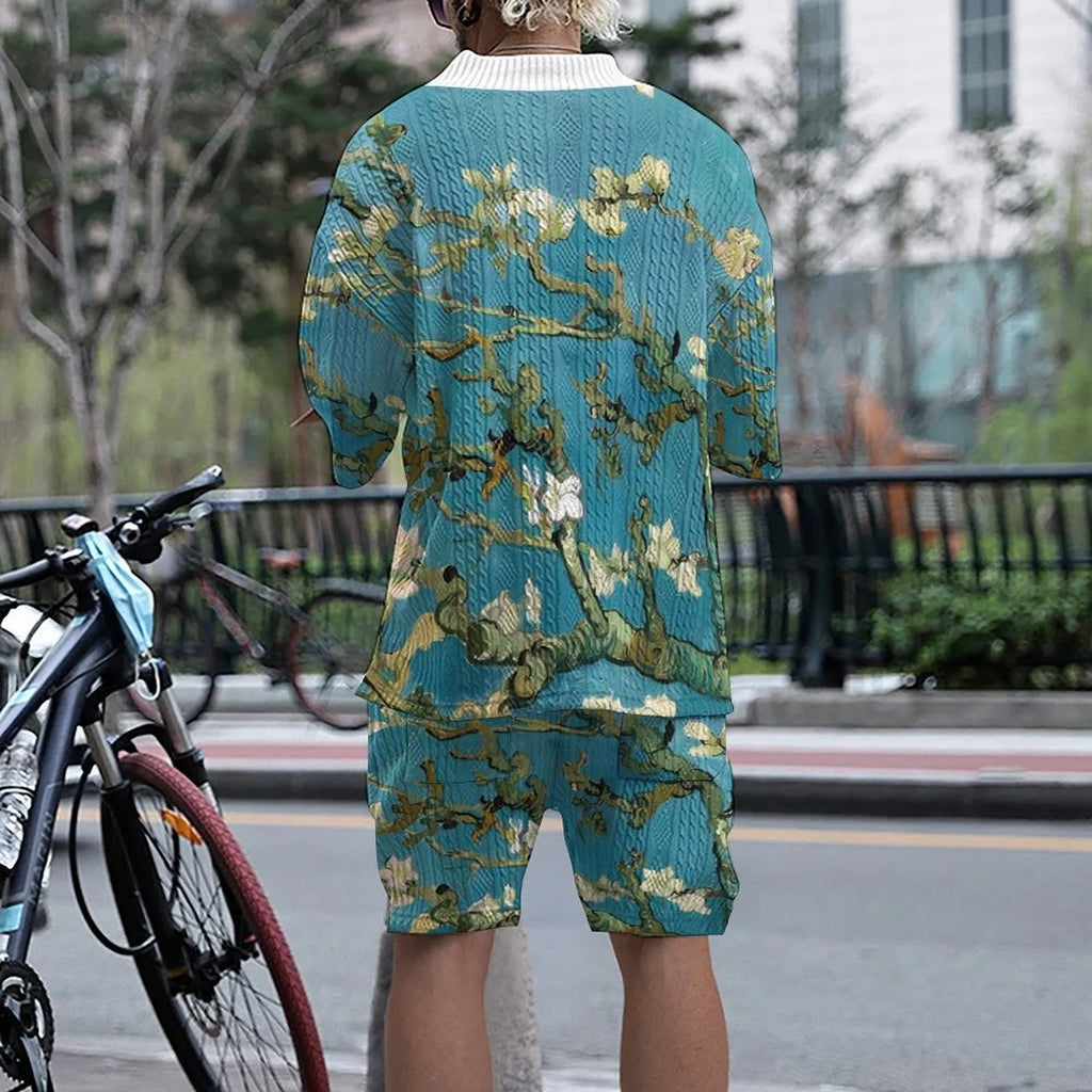 Men's peacock blue 3D printed knitted shorts suit with matching top and fifth-pants length shorts