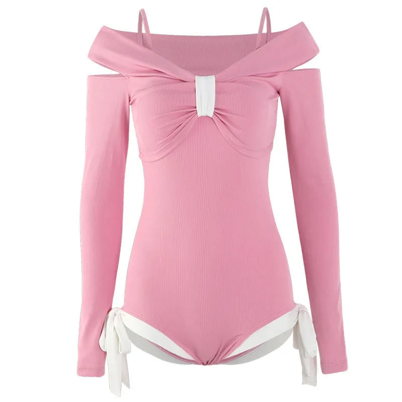 Women's long sleeve one-piece swimsuit in black or pink colours