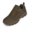 Men's khaki hiking shoes with non-slip platform sole and PU mesh upper, low-top lace-up design for outdoor mountaineering