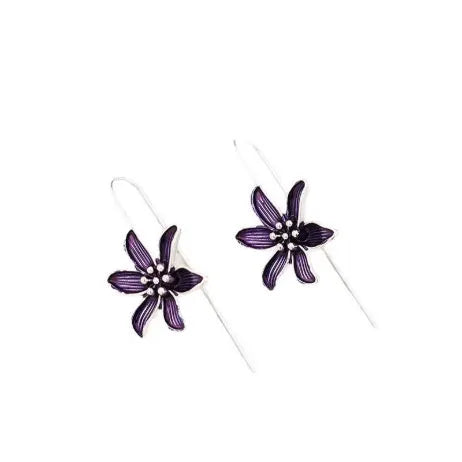 Purple flower-shaped alloy earrings with electroplated finish, retro floral design jewellery for women