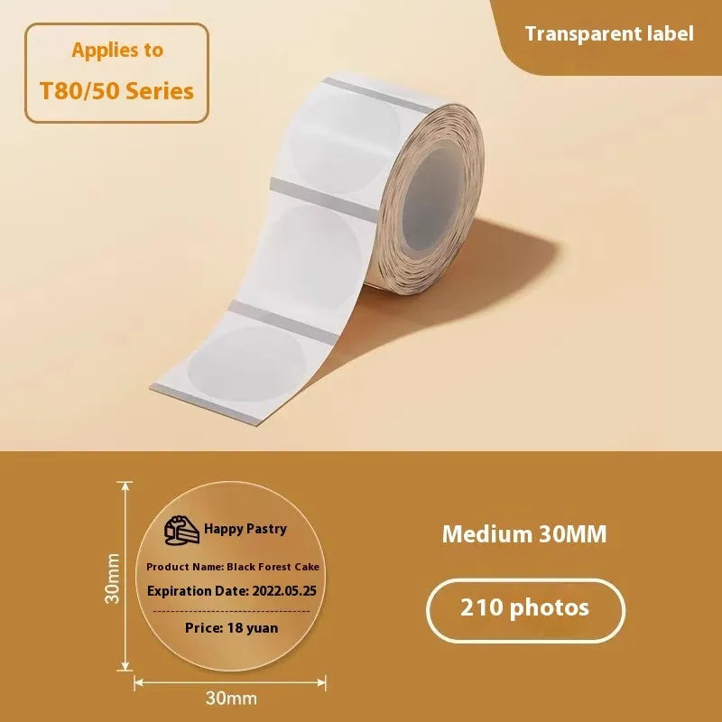Transparent waterproof adhesive labels in multiple rectangular and circular sizes on thermal synthetic paper sheets