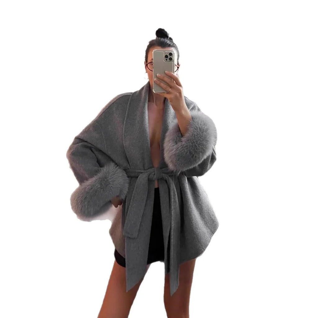 Fur V-neck Lace-up French Woolen Coat in light gray, polyester, medium thickness, front view