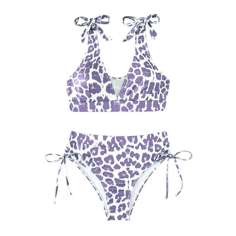 Women's purple leopard print lace-up chest cover high waist suit with sleeveless top and matching shorts