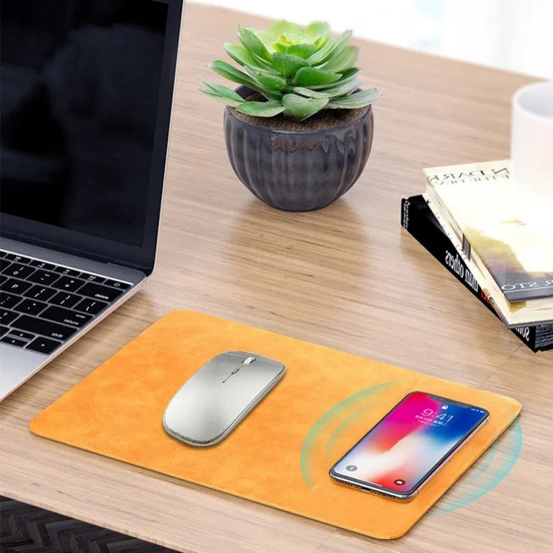 Brown leather wireless charging mouse pad with Micro USB port for Qi device charging