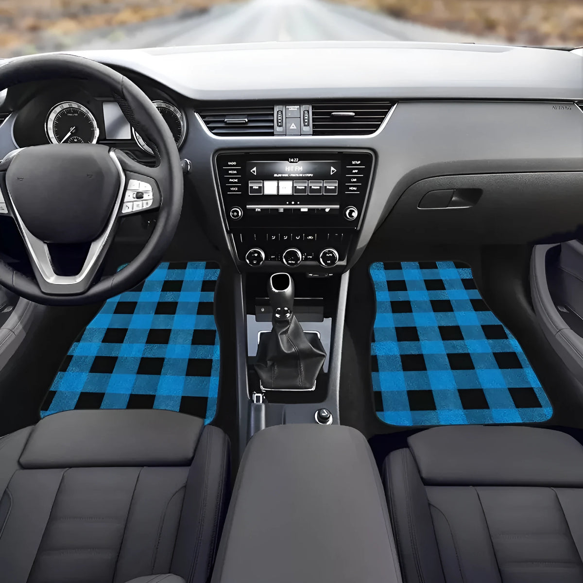 Black printed rubber car floor mats, four-piece set showing textured surface and 20mm thickness.