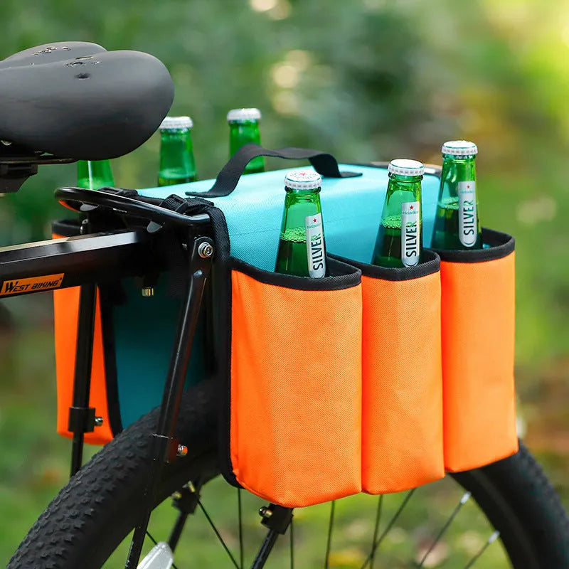 Black and blue orange bicycle double-sided anti-scratch shelf bag mounted on bike frame showing drink storage capacity