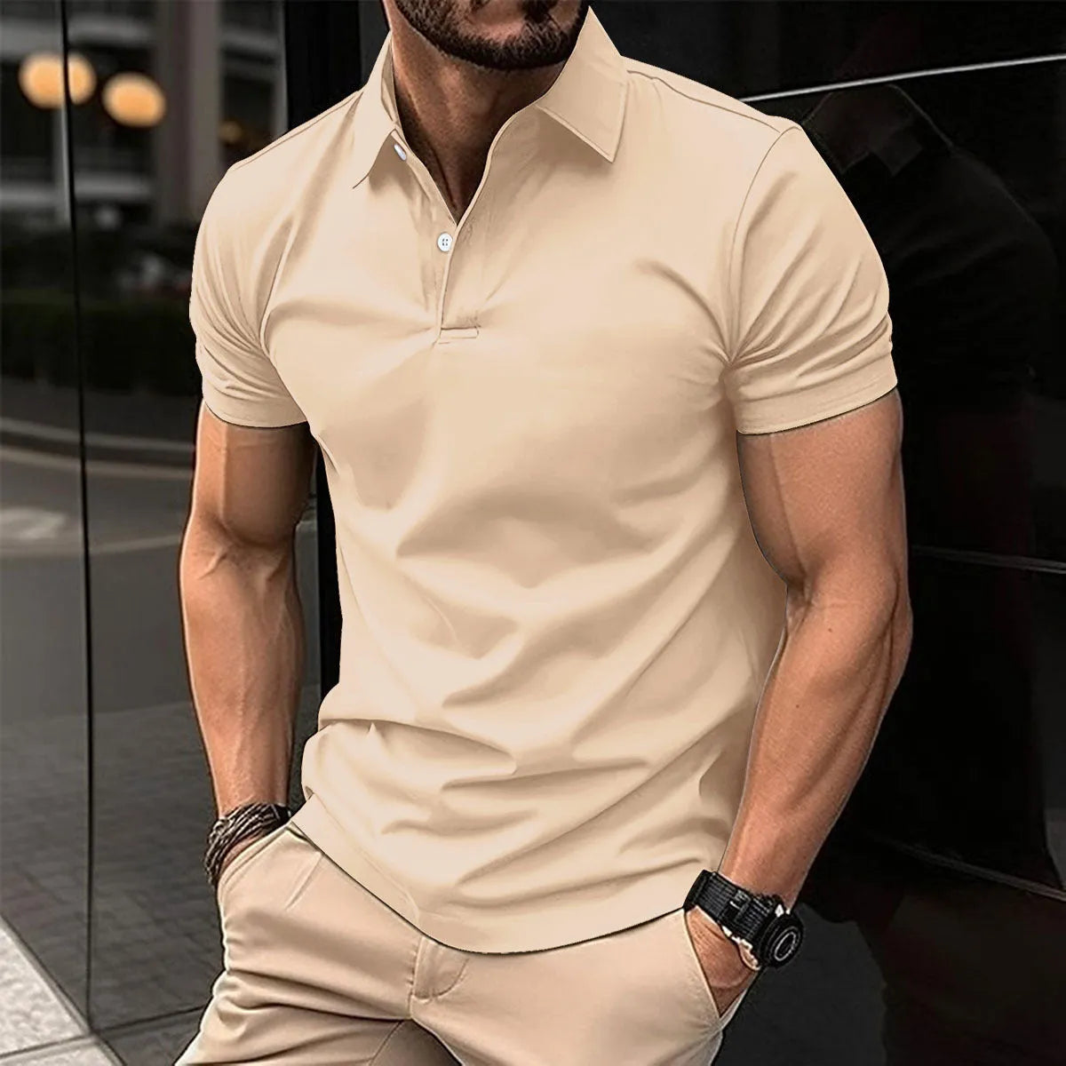 Men's solid colour short sleeve polo shirt with button lapel in a selection of nine colours.