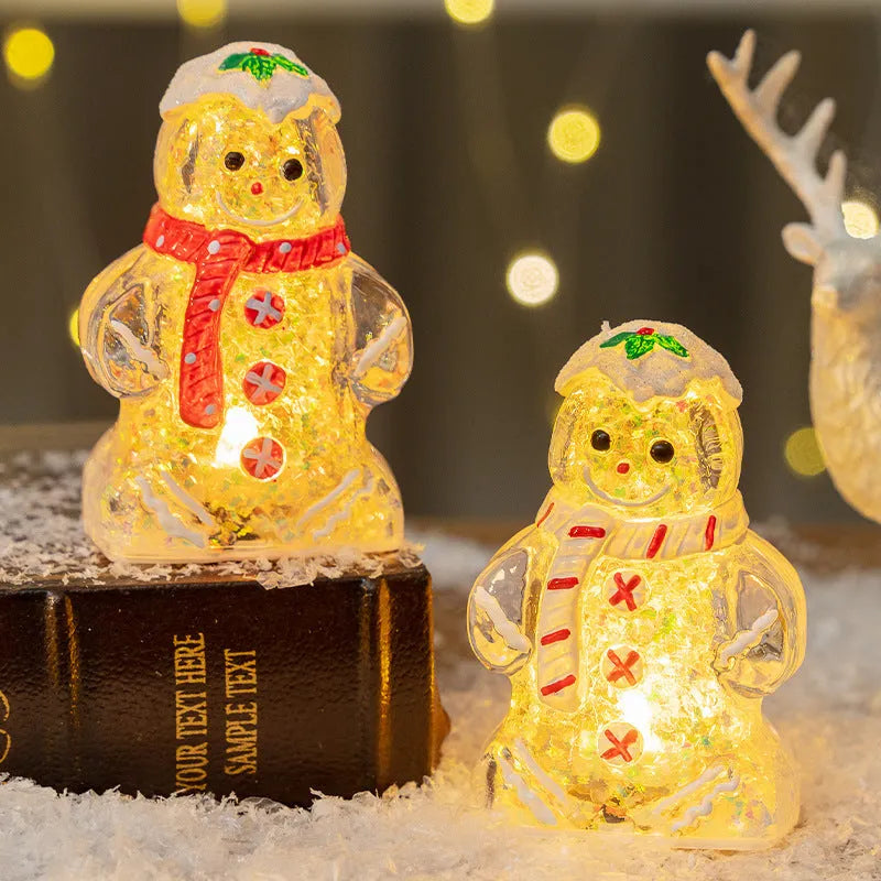 Glowing Christmas gingerbread man snowman ornament in plastic with four colour variations including clear, white and red scarf options