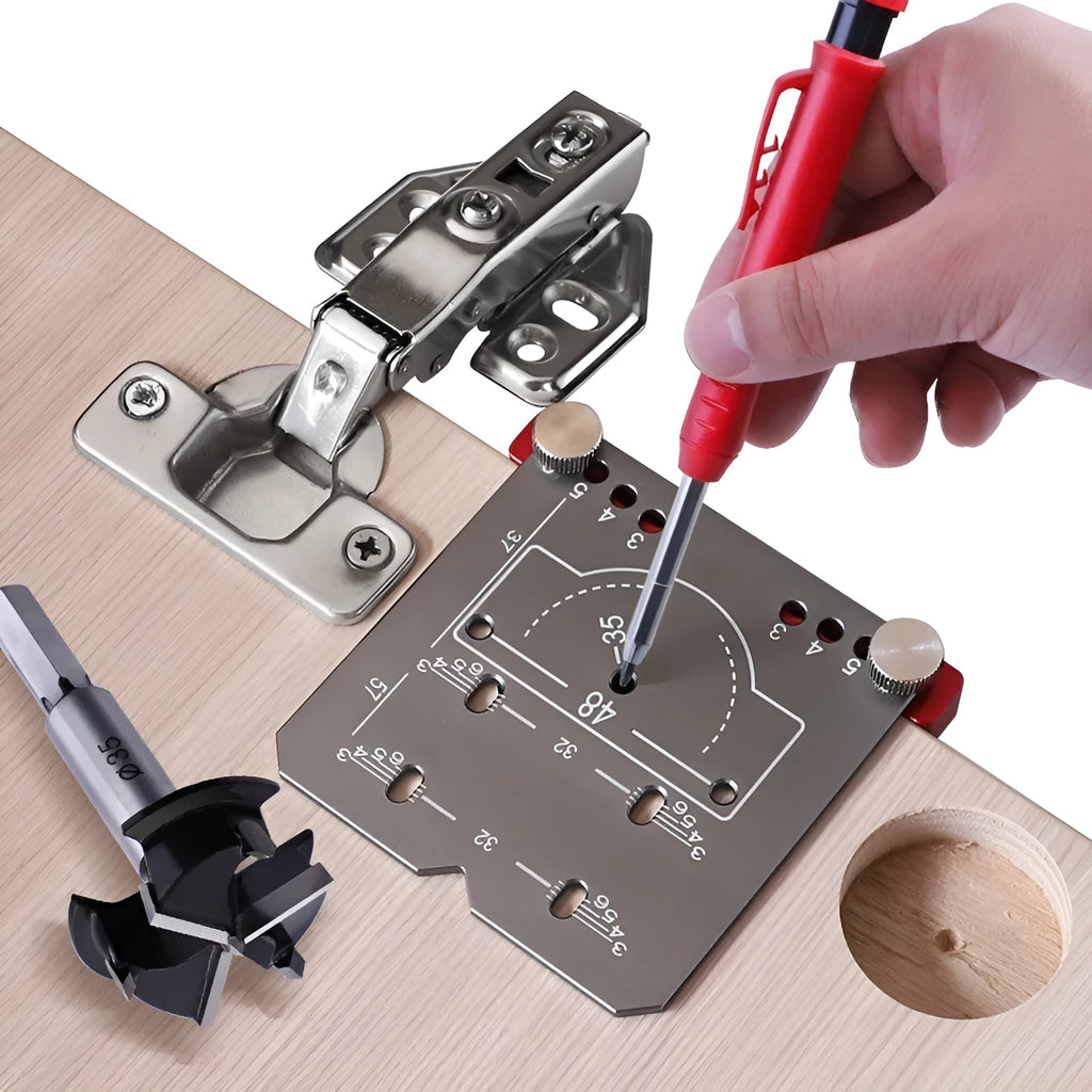Red aluminium alloy hinge locating rule with adjustable margin settings for 35mm cabinet door hinges