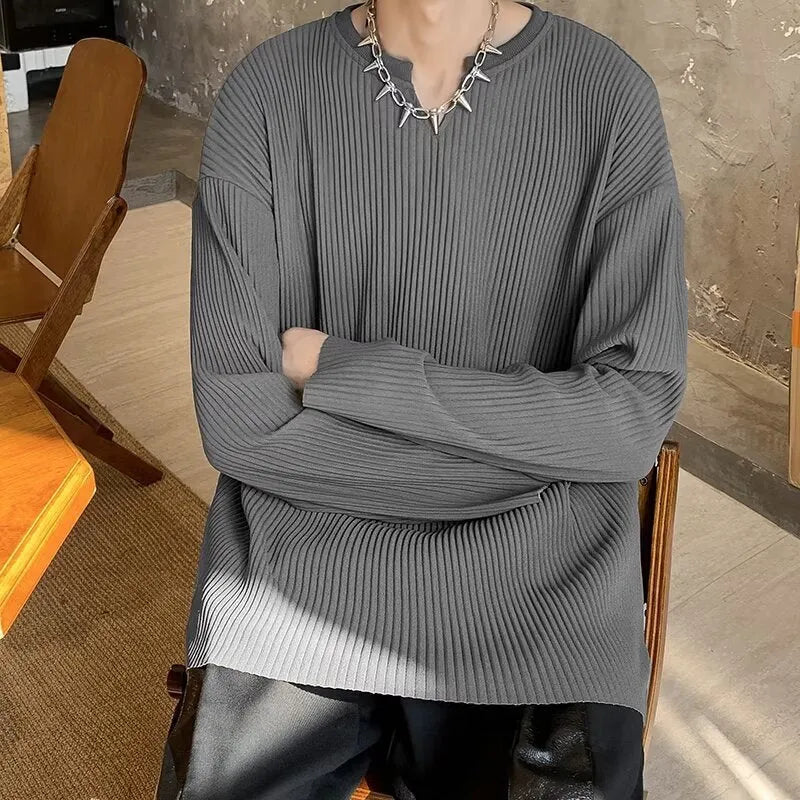 Plus size striped texture pullover in polyester, shown in black, grey, and white colour options