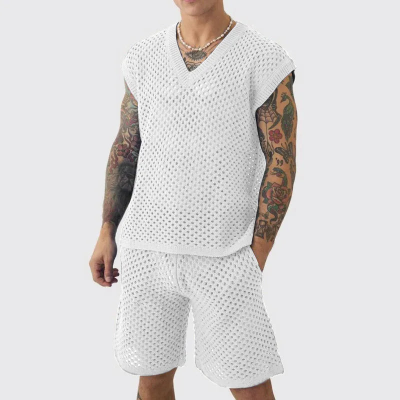 Men's blue V-neck sleeveless vest with matching shorts sports suit set