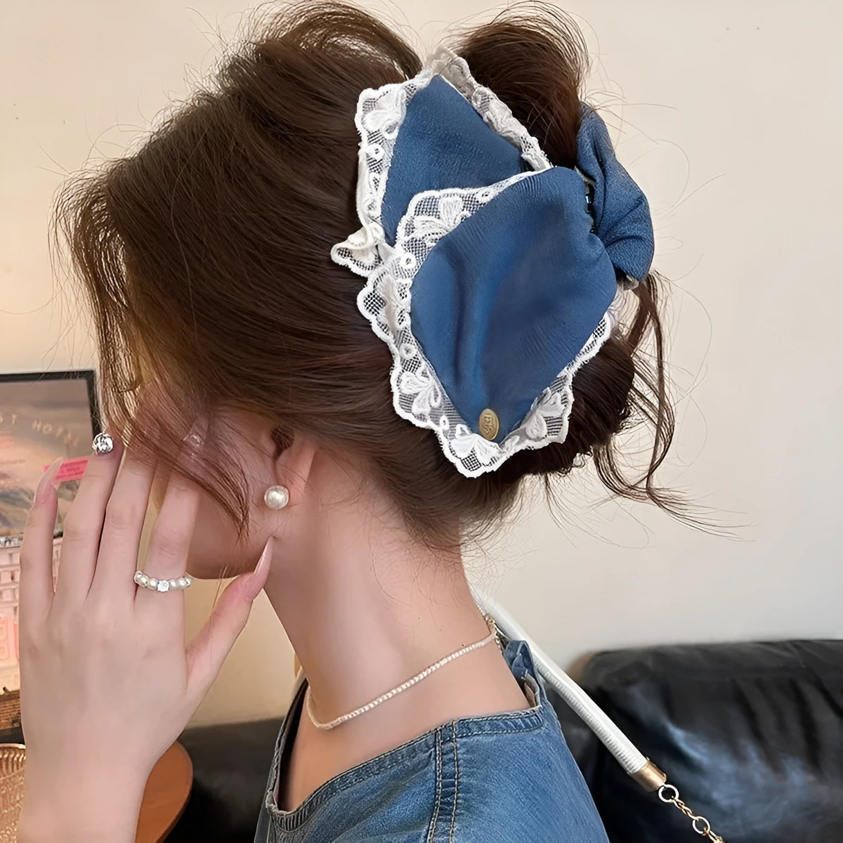 Women's Love Denim Bow Triangle Hair Clip handmade from fabric and acrylic in atmospheric style
