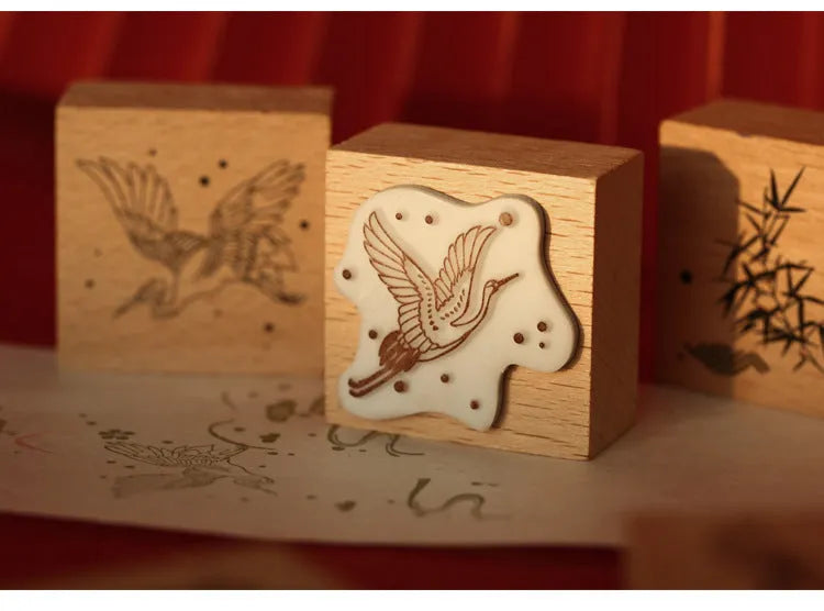 Mr. Paper wooden DIY rubber stamp seal set with crane design options for card making and scrapbooking.