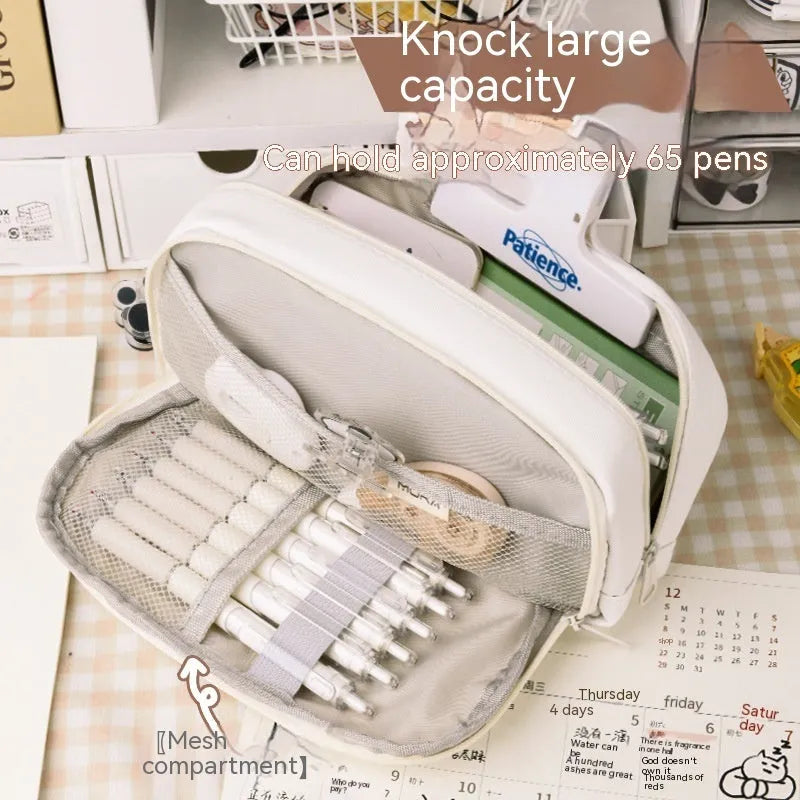 Korean-style canvas pencil case in green, beige, blue, and grey colours with large capacity for pens