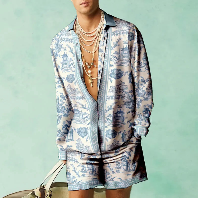 Slim fit long sleeve shirt and matching shorts casual summer set in polyester.