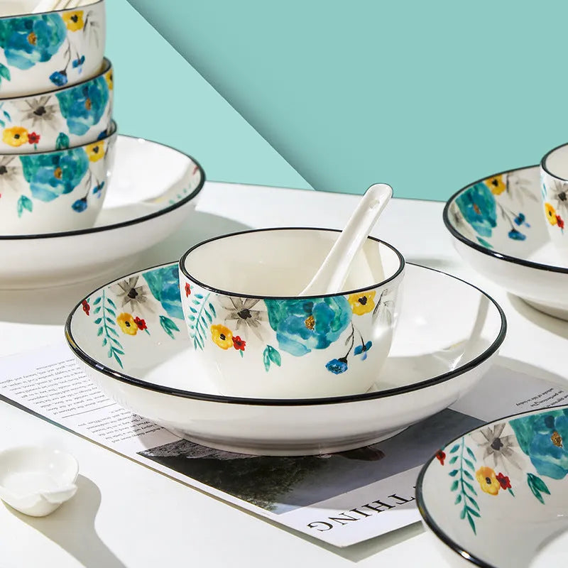 Flower In Ink bone china 22-piece tableware set with floral design, porcelain bowls, spoons, plates