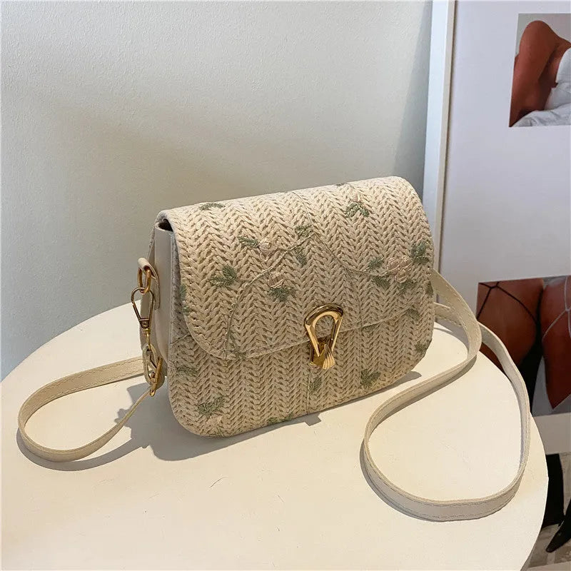 Straw woven satchel handbag with floral pattern in white colour option, single shoulder strap, summer beach bag