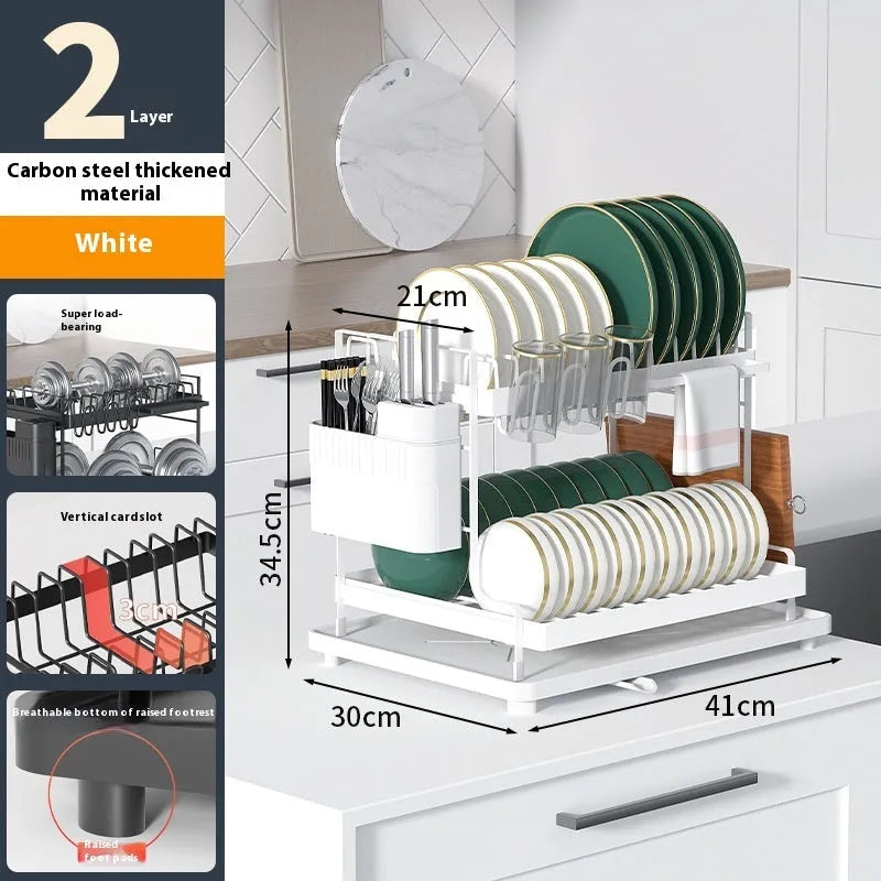 Double-layer kitchen storage rack with removable draining basket in modern design
