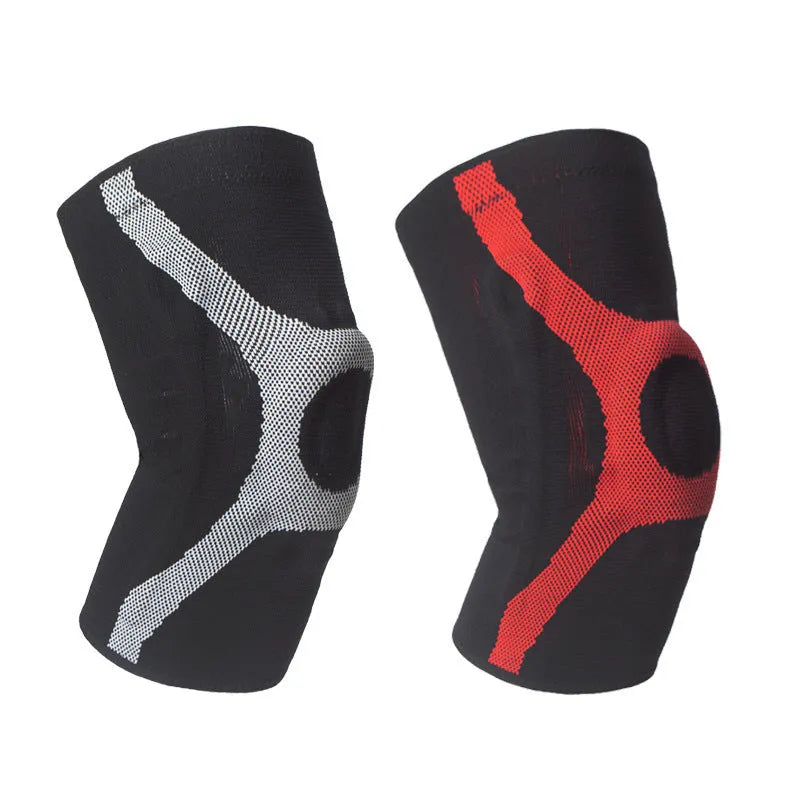 Silicone knitted sports knee pads in red and grey colours with non-slip design for running and climbing