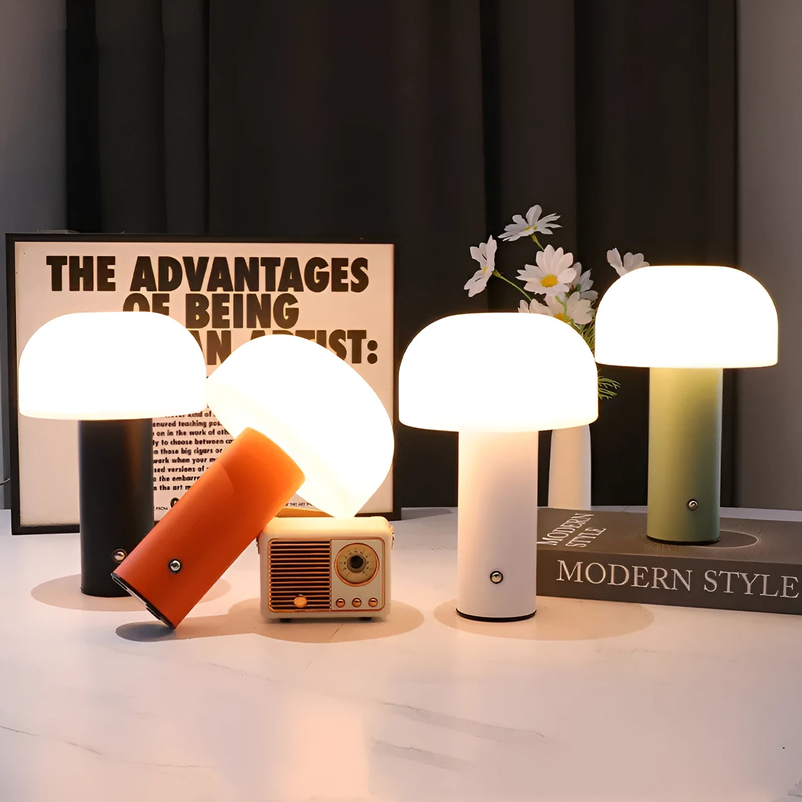 USB table lamp with dual power options in white, black, orange, or green colour combinations