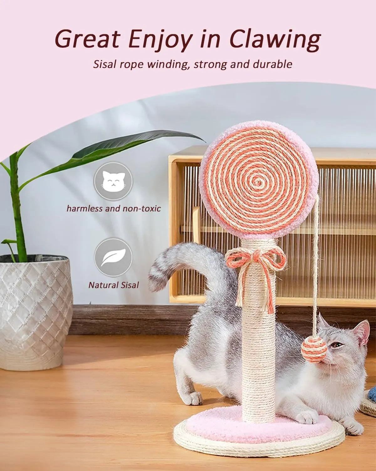 Blue cat scratching post with natural sisal rope and a hanging ball toy on a wooden base.