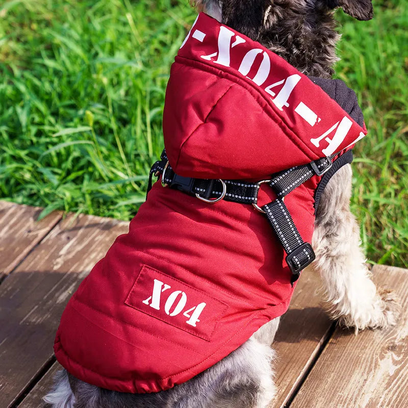 Red fleece-lined waterproof dog jacket with hood for winter wear on medium-sized dog