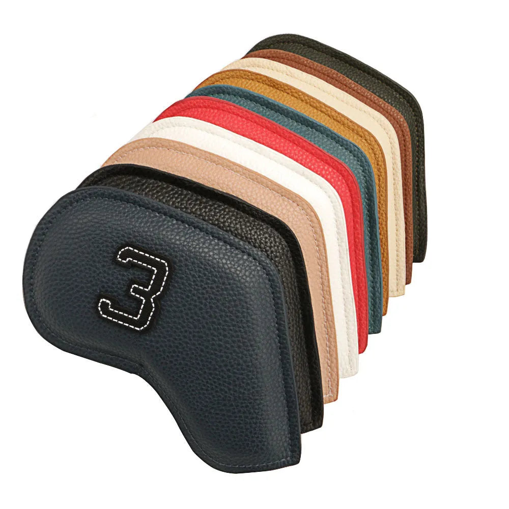 Set of 10 minimally digital printed golf club head covers in multiple colours for sports protection