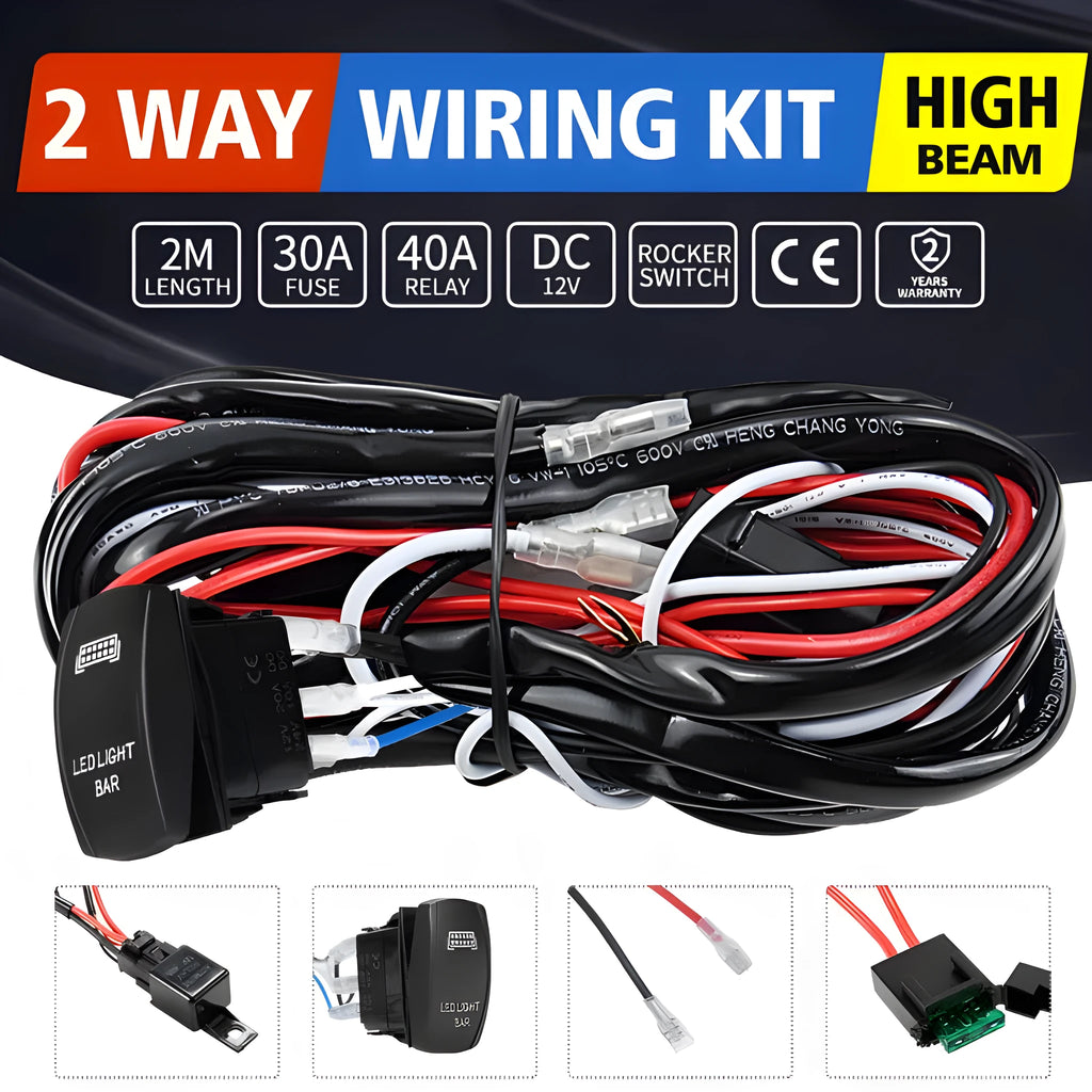Black 2 metre off road LED spotlight wiring harness with integrated switch and one lamp