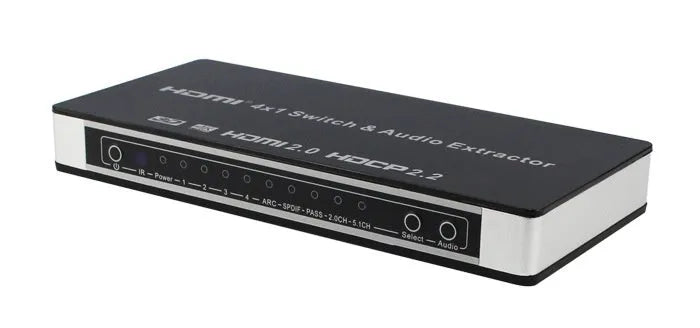 Black HDMI switch unit with four input and one output port, remote control, and power adapter.