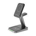 Black vertical three-in-one wireless charging station with 10000mAh power capacity