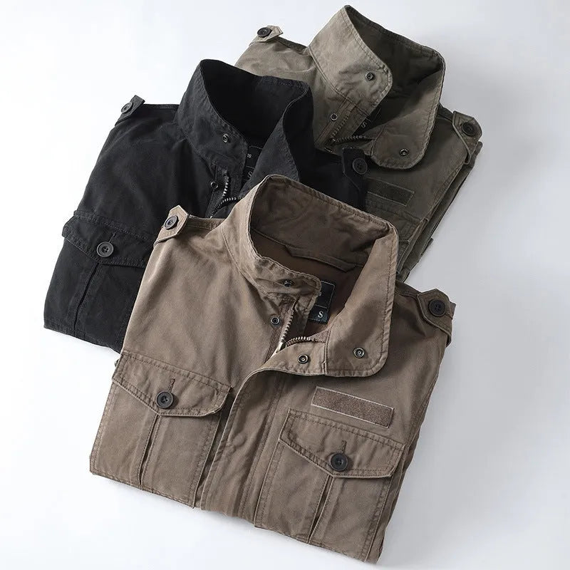 Men's loose retro-style cotton jacket in light brown, zip-up front, casual fit