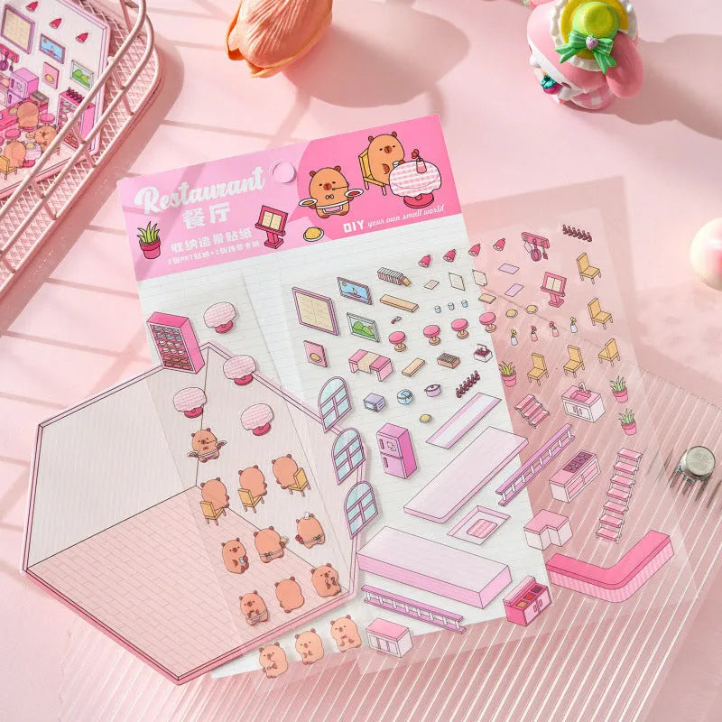 PET cut-free three-dimensional cartoon stickers for journal landscaping in eight shop-themed colours