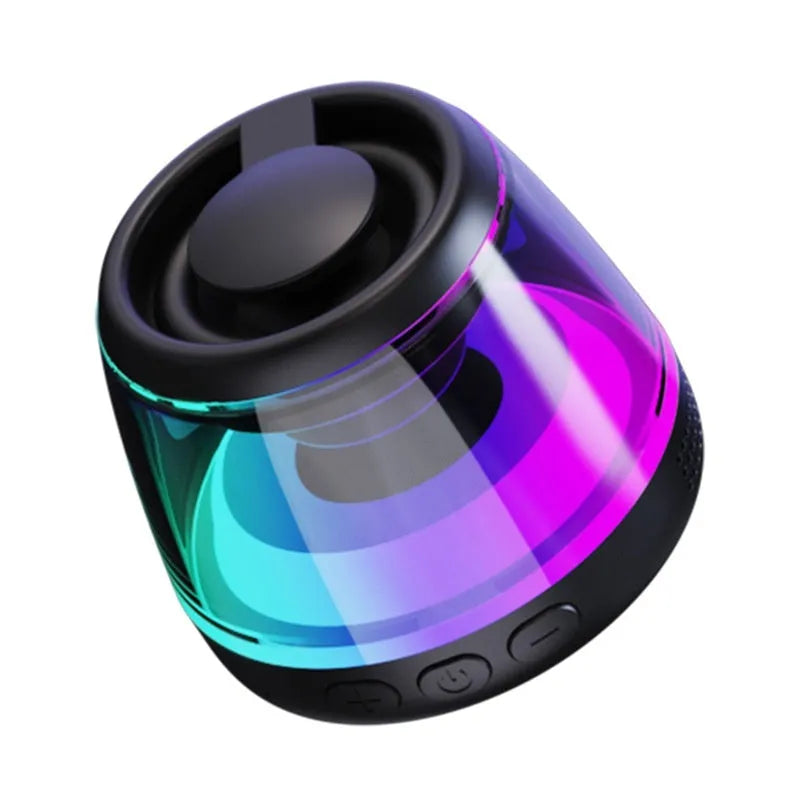 White and black portable mini Bluetooth speaker with magnetic base and ambience light for outdoor and desktop use