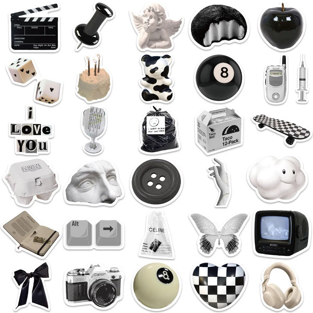 61 black and white waterproof PVC stickers for laptops, phones and luggage