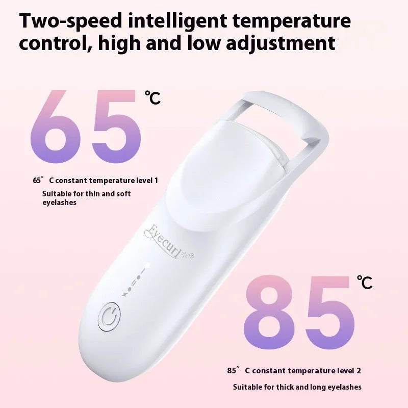 Electric USB-powered eyelash curler in cream white, maca pink, or vanilla apricot colour on a plain background
