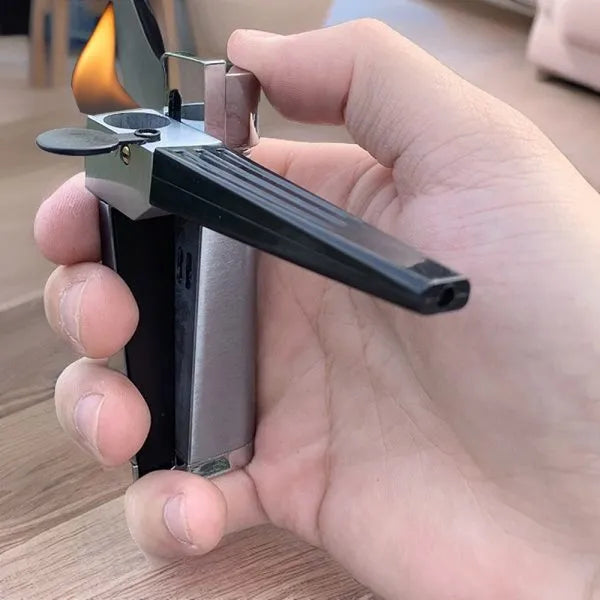 Silver foldable metal pipe lighter showing open flame and stash compartment.