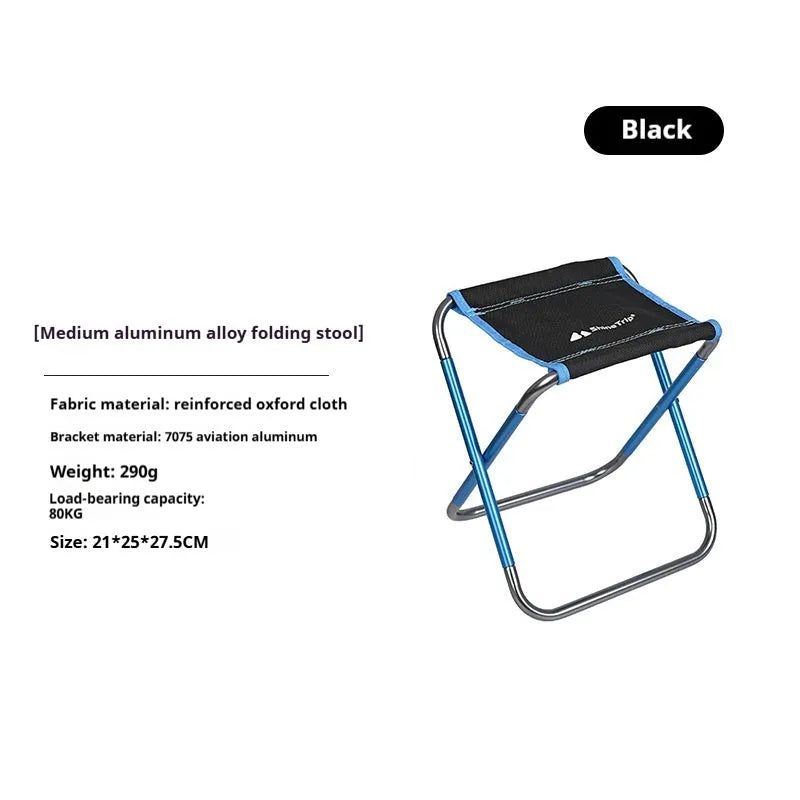 Black ethnic style aluminium alloy folding stool in open position for outdoor seating
