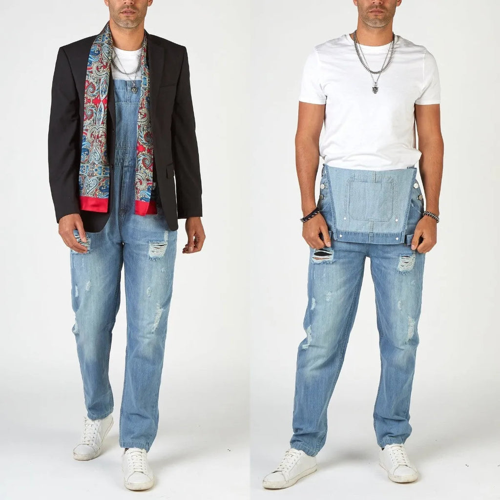 Men's light blue ripped suspender jeans with high waist and straight leg design