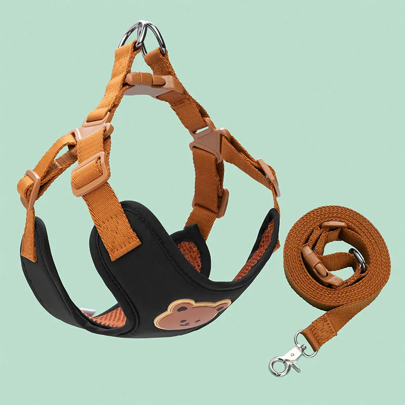002 bear head red polyester dog chest strap on beige background, five sizes available from XS to XL
