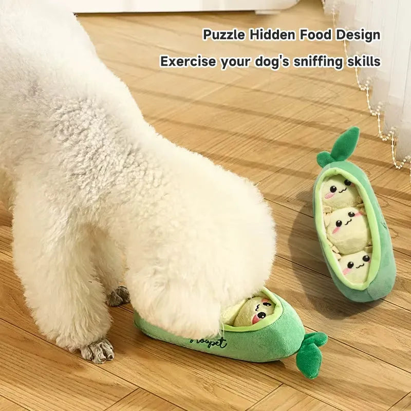 Interactive squeaky dog toy for puppies and small breeds, available in Banana Monkey, Carrot Rabbit, Durian, and Pea shapes
